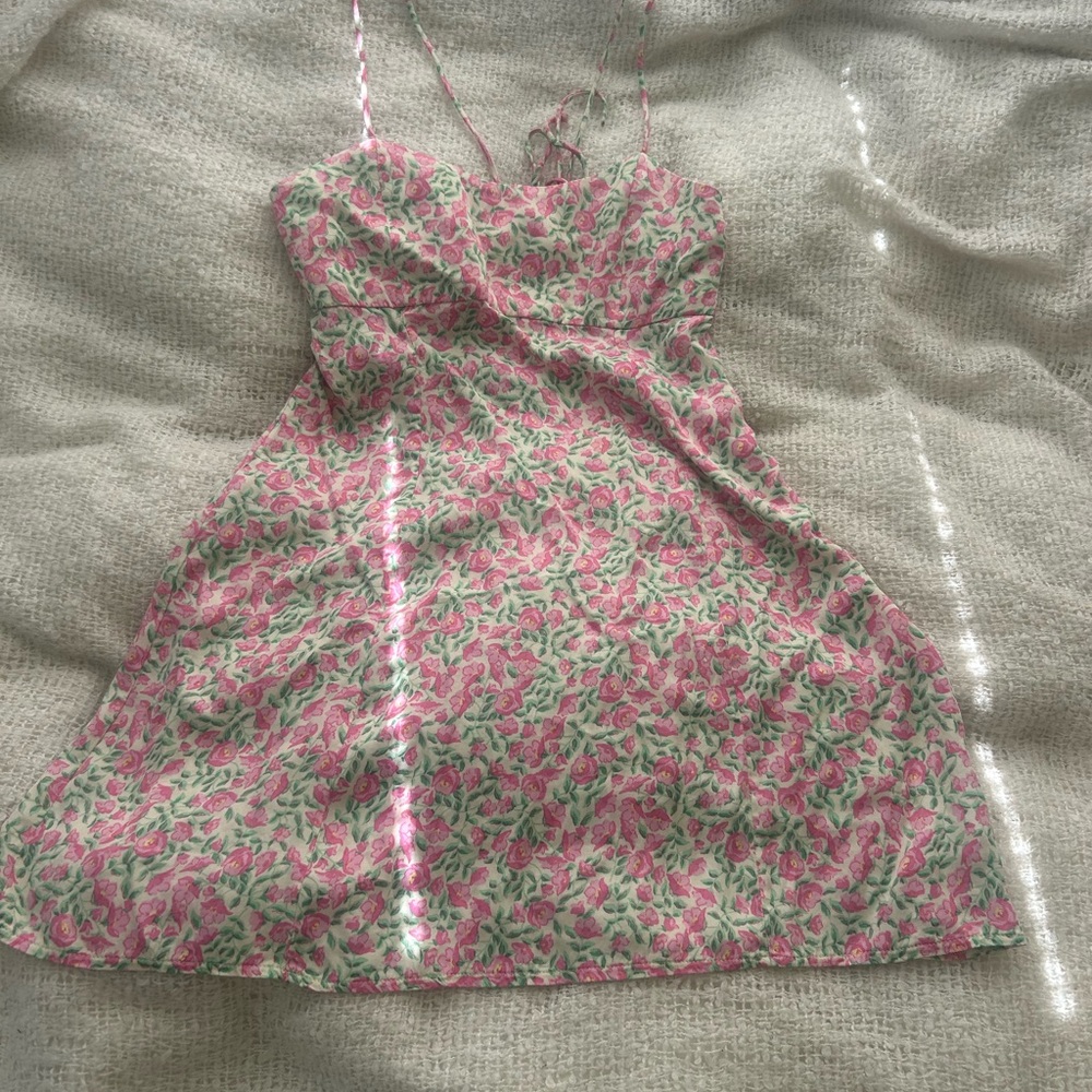 Zara Pink and Green Floral Pattern Dress